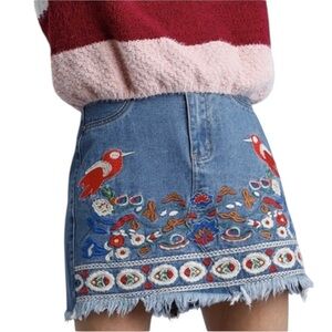 Umgee Piper Embroidered Denim Boho Mini Skirt Size S